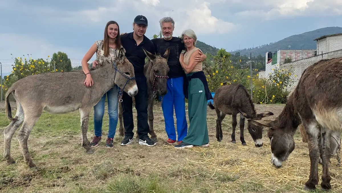 Familia de visitantes conviviendo con los burros en el campo